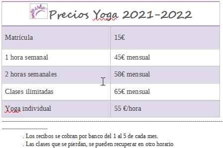 Precios Yoga 2021-2022